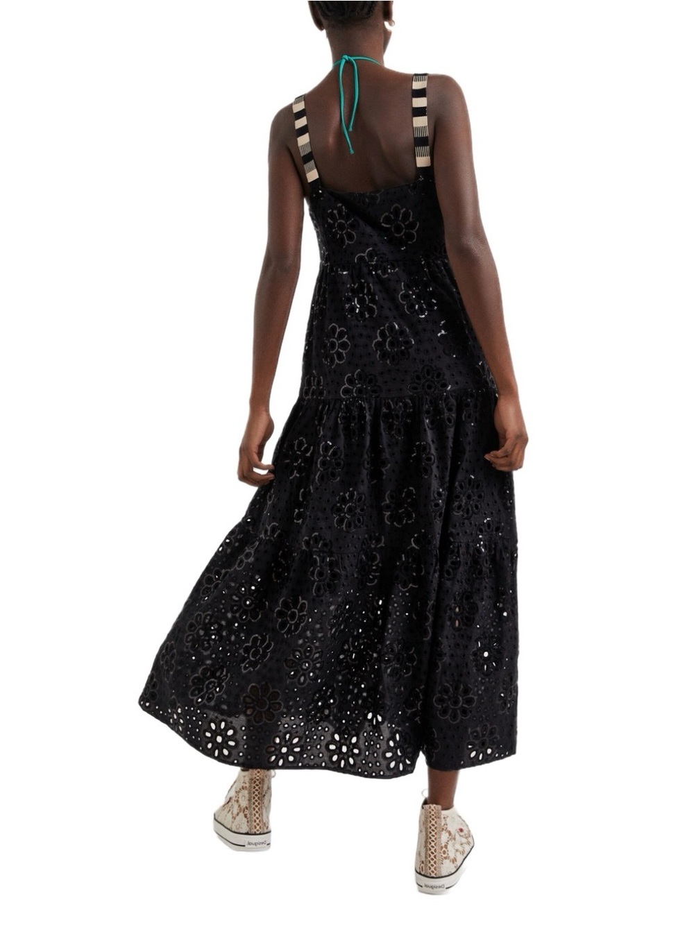 Desigual Black Eyelet Sequin Leah Midi Dress with Striped Straps Sz L US 10 - Picture 3 of 16